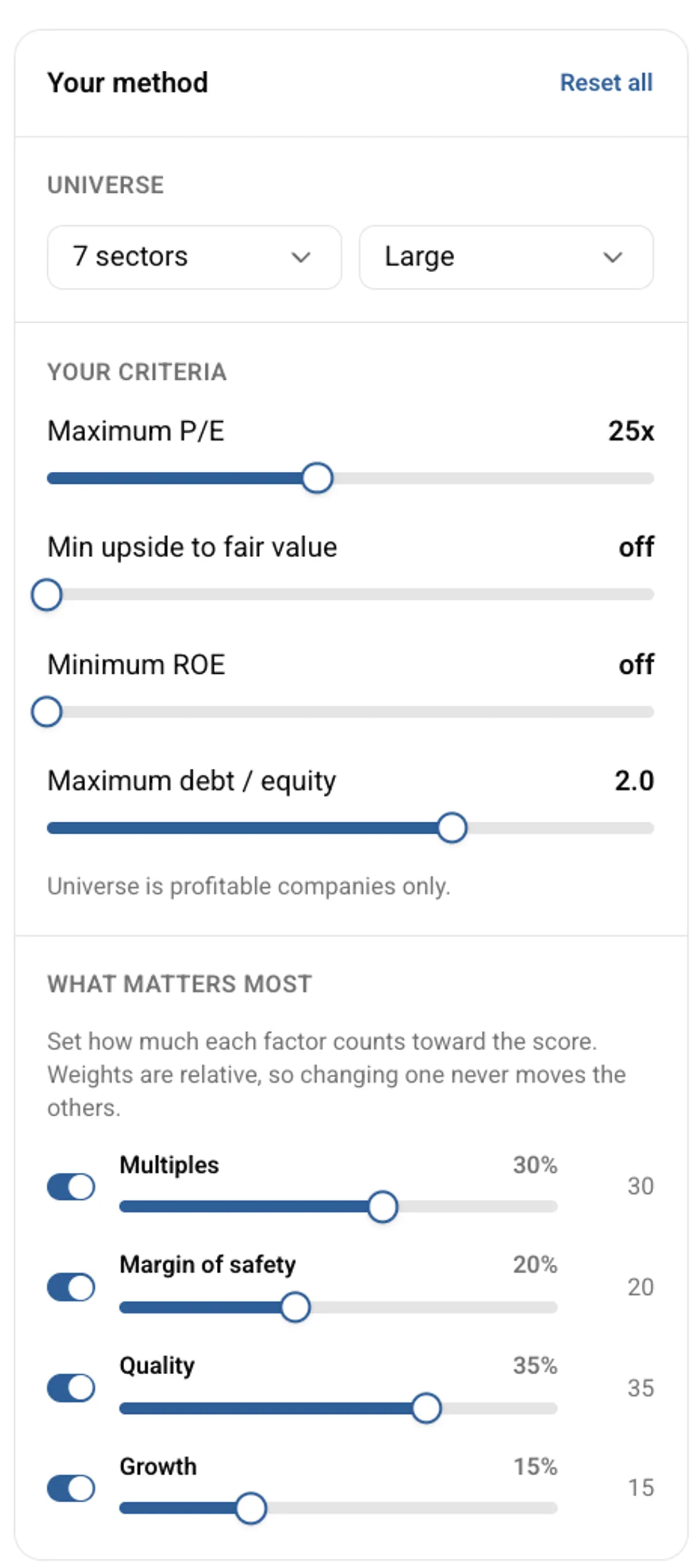 Value tab control panel